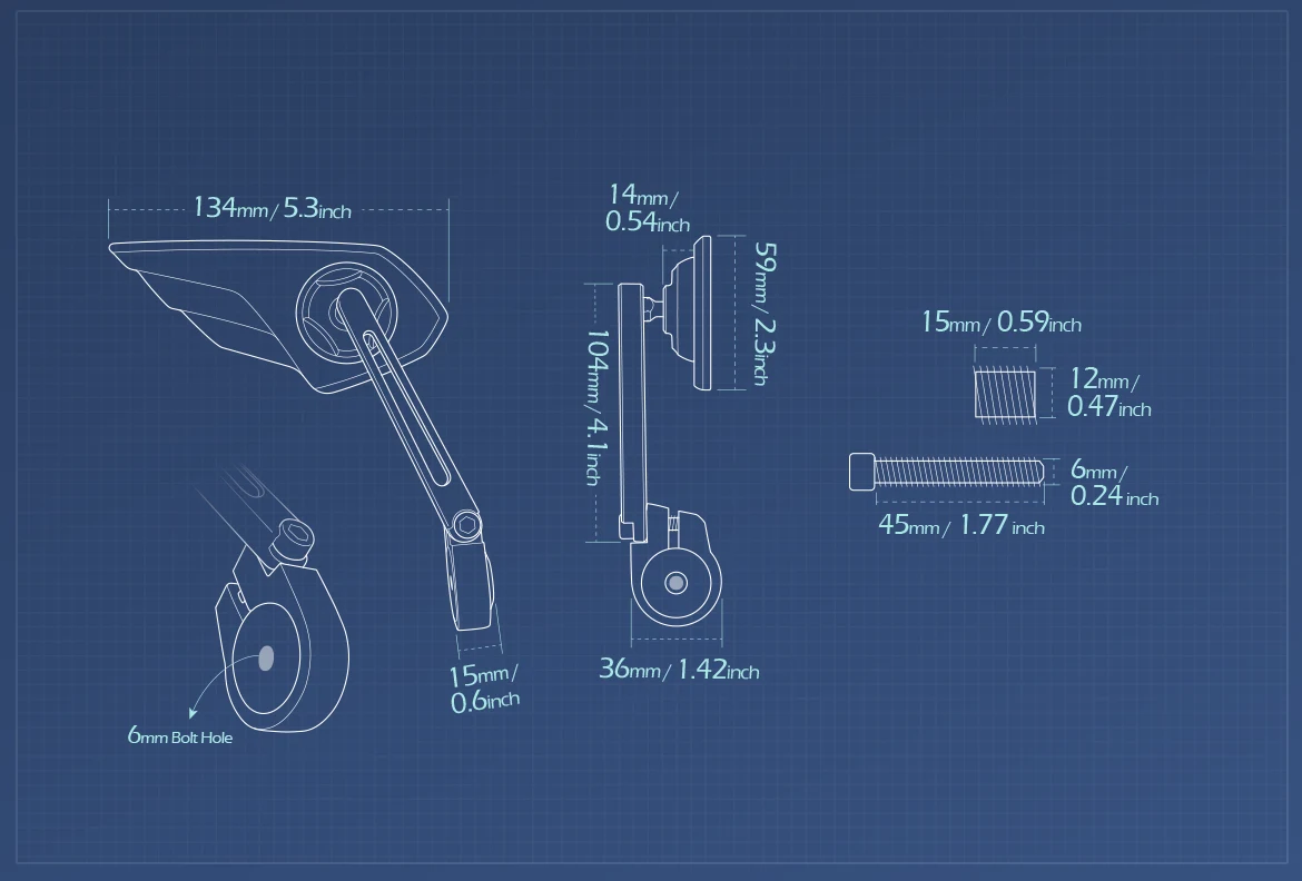 Measurement of KiWAV motorcycle bar end mirror Wisp right hand compatible with BMW M12 threaded handlebar