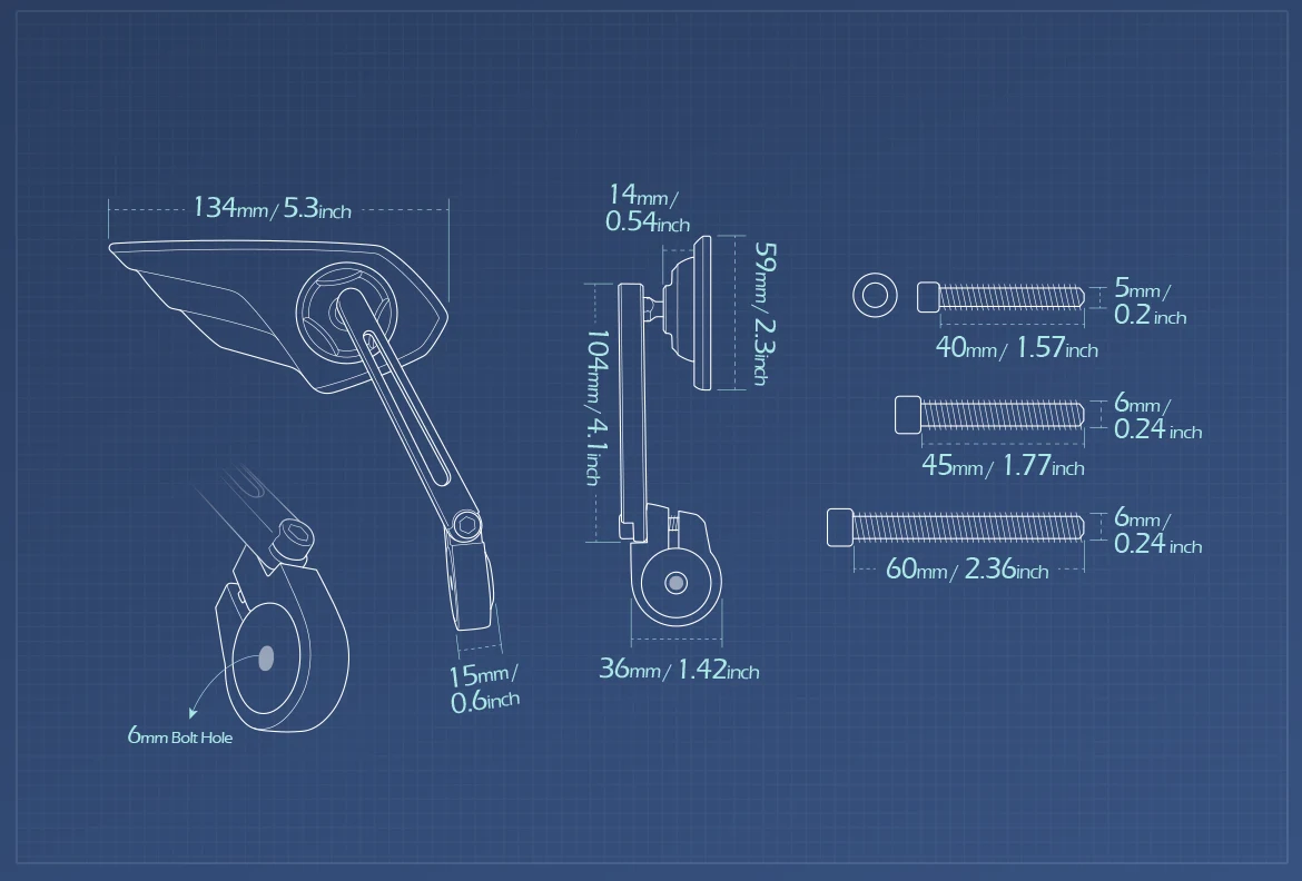 Measurement of KiWAV motorcycle bar end mirror Wisp right hand compatible with Triumph air-cooled models