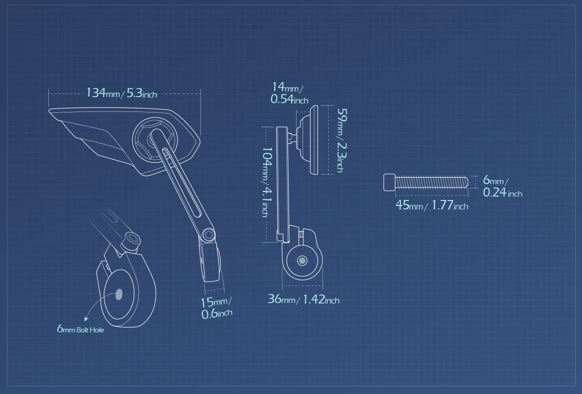 Measurement of KiWAV motorcycle bar end mirror Wisp right hand for M6 threaded handlebars