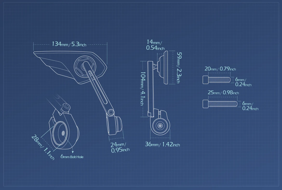 Measurement of KiWAV motorcycle bar end mirror Wisp right hand compatible with Triumph water-cooled models