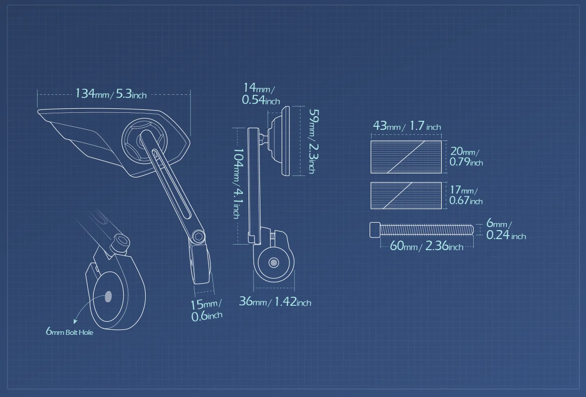 Measurement of KiWAV motorcycle bar end mirror Wisp right hand for 1 & 1-1/4 inch hollow hollow end handlebars