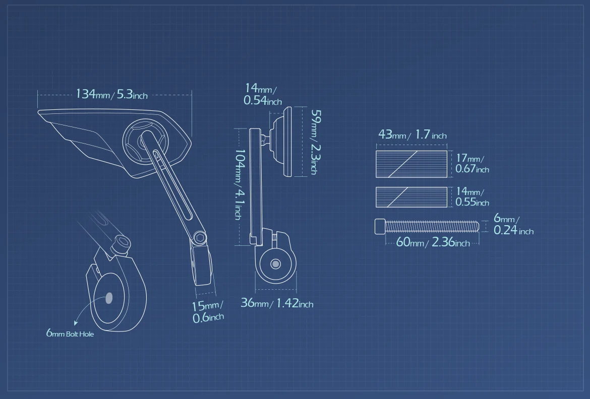 Measurement of KiWAV motorcycle bar end mirror Wisp right hand for 7/8 inch hollow end handlebars
