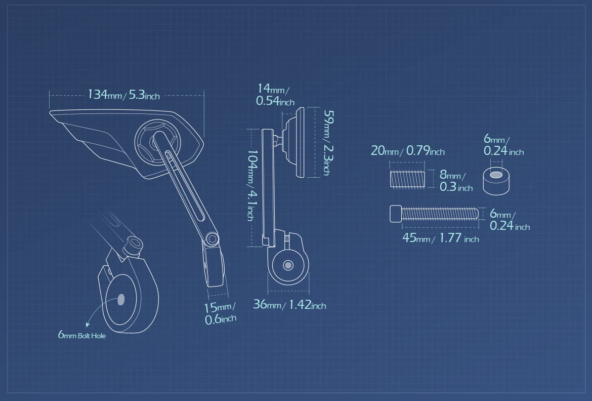 Measurement of KiWAV motorcycle bar end mirror Wisp right hand compatible with Indian Scout Bobber