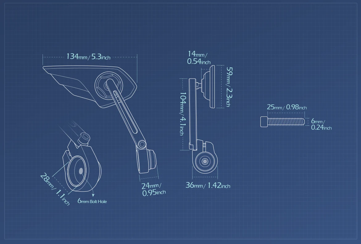Measurement of KiWAV motorcycle bar end mirror Wisp right hand compatible with Moto Guzzi