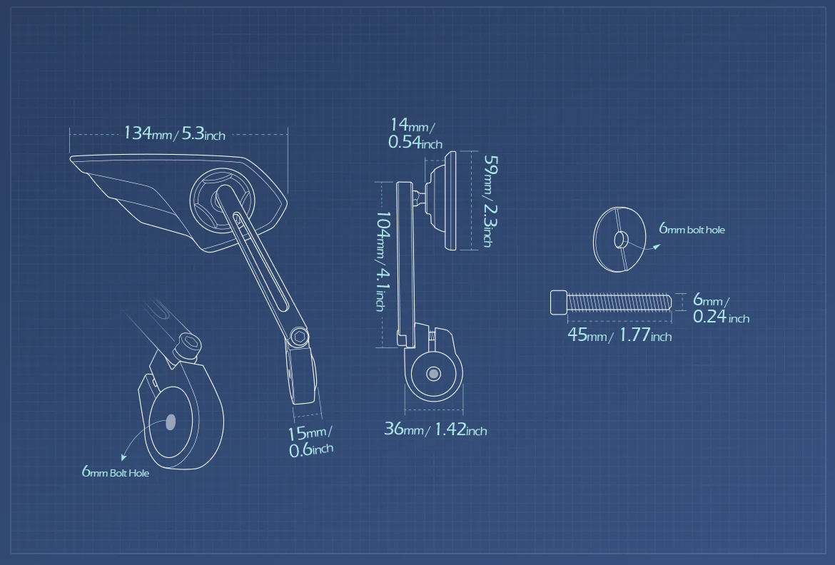 Measurement of KiWAV motorcycle bar end mirror Wisp right hand compatible with Royal Enfield Interceptor 650
