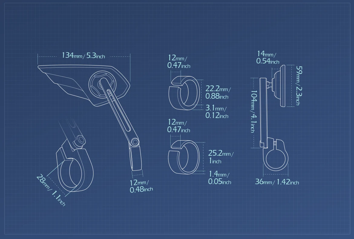 Measurement of KiWAV motorcycle bar end mirror Wisp right hand for 22/25mm handlebar