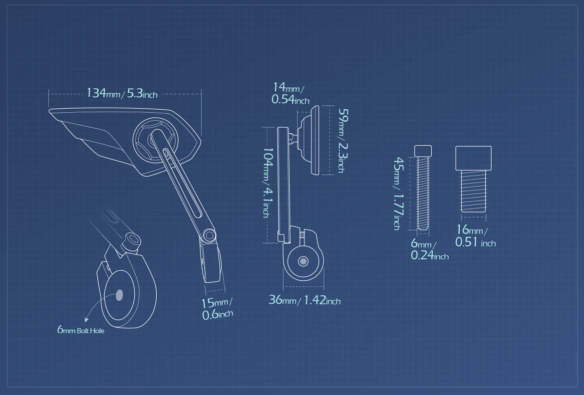 Measurement of KiWAV motorcycle bar end mirror Wisp right hand compatible with Yamaha M16 threaded handlebars