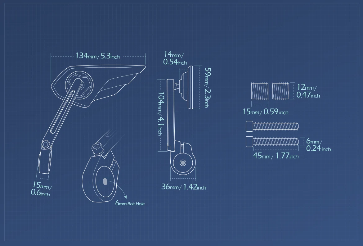 Measurement of KiWAV motorcycle bar end mirror Wisp a pair compatible with BMW M12 threaded handlebar