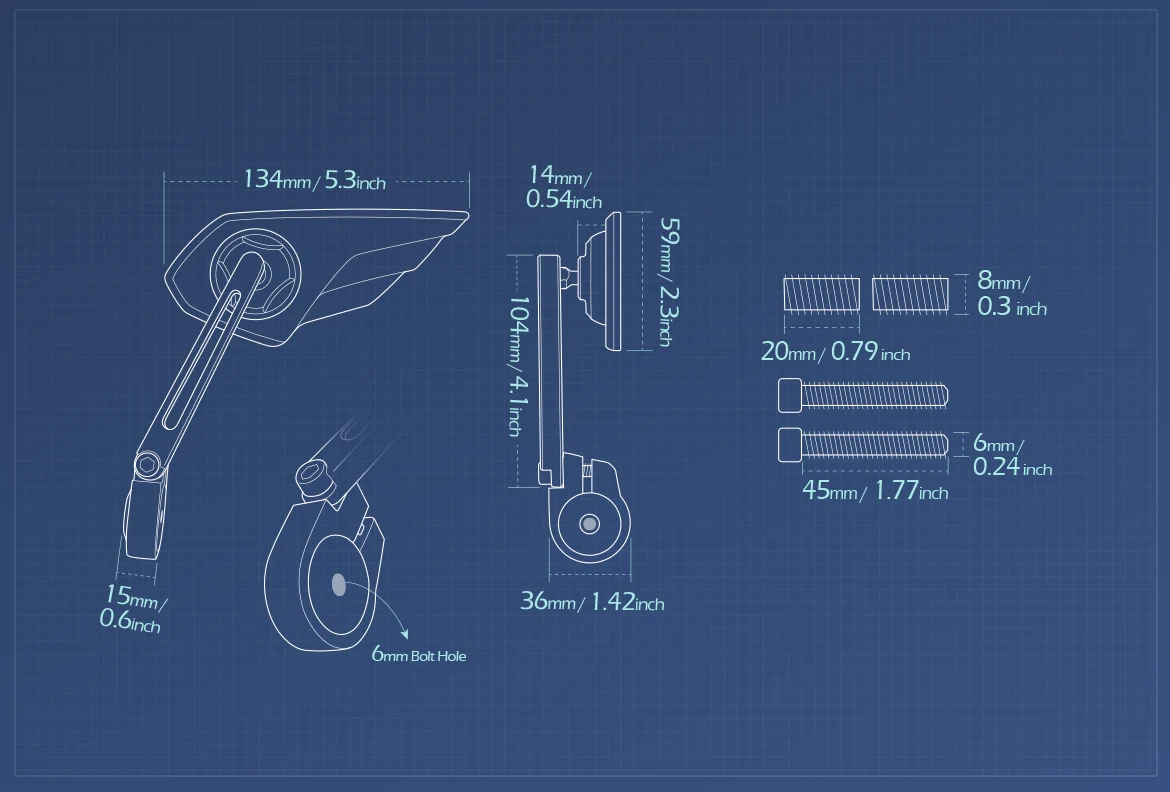 Measurement of KiWAV motorcycle bar end mirror Wisp a pair compatible with BMW M8 threaded handlebar
