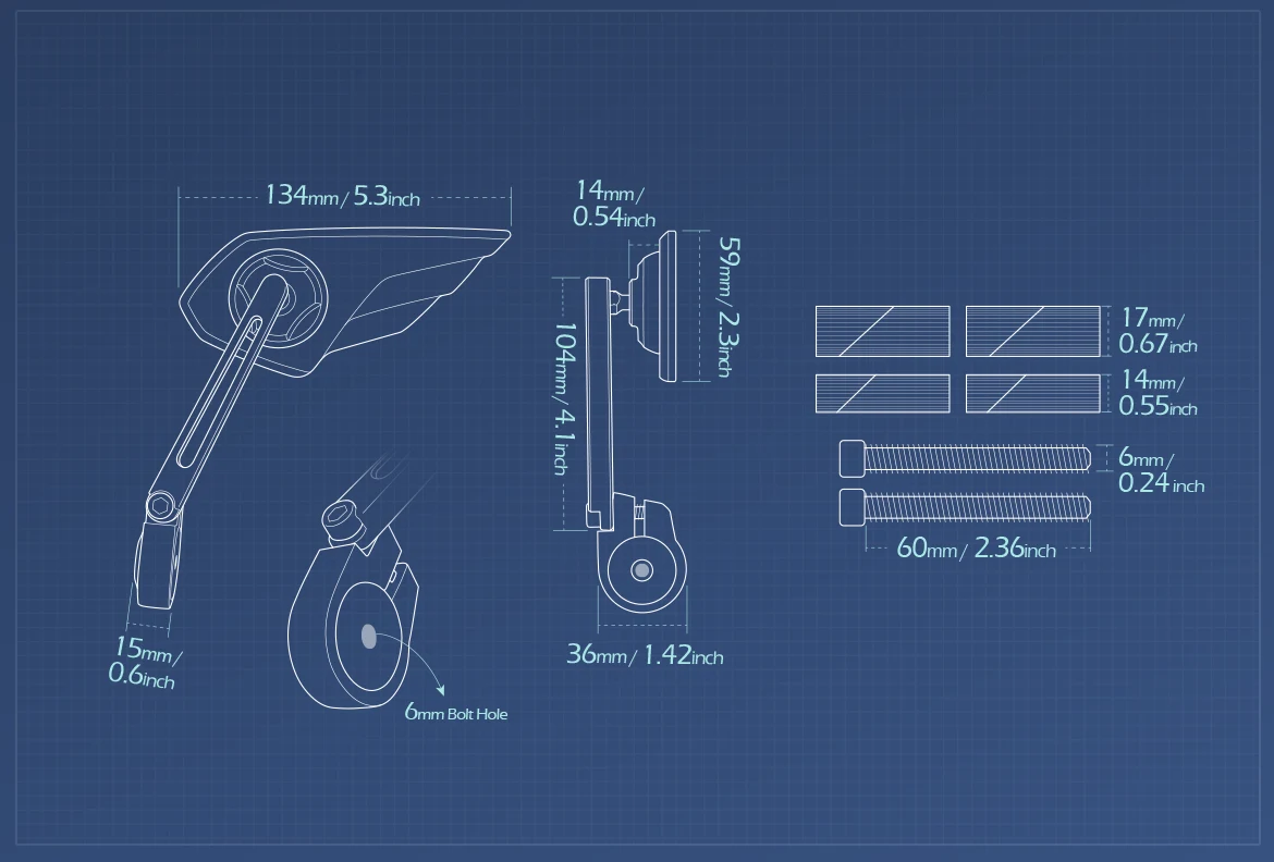 Measurement of KiWAV motorcycle bar end mirror Wisp a pair for 7/8 inch hollow end handlebars