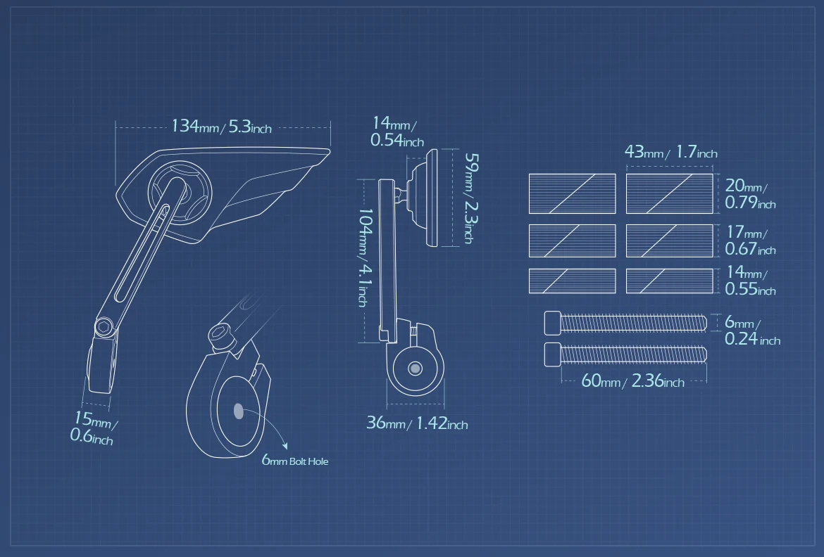 Measurement of KiWAV motorcycle bar end mirror Wisp a pair universal fit for 7/8, 1, 1-1/4 inch hollow end handlebars