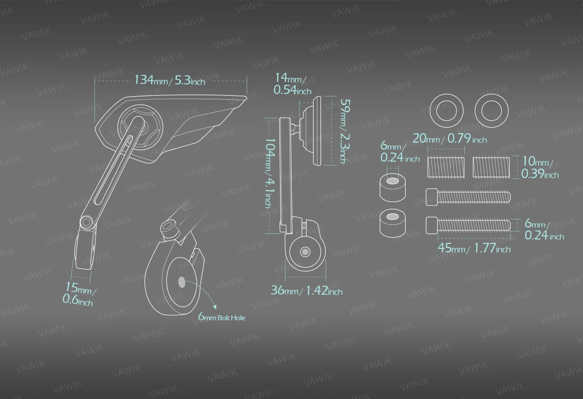 Measurement of VAWiK motorcycle bar end mirror Wisp a pair compatible with Honda Rebel 1100 '25- M10 threaded handlebar