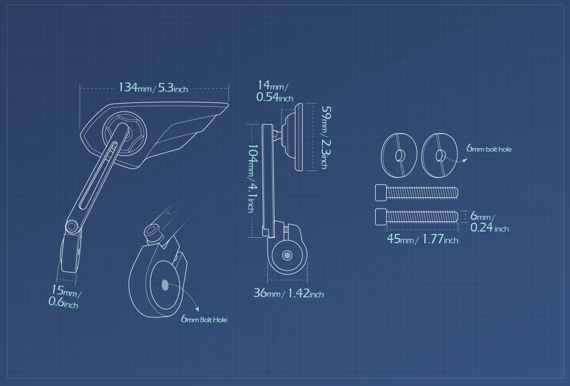Measurement of KiWAV motorcycle bar end mirror Wisp a pair compatible with Royal Enfield Interceptor 650