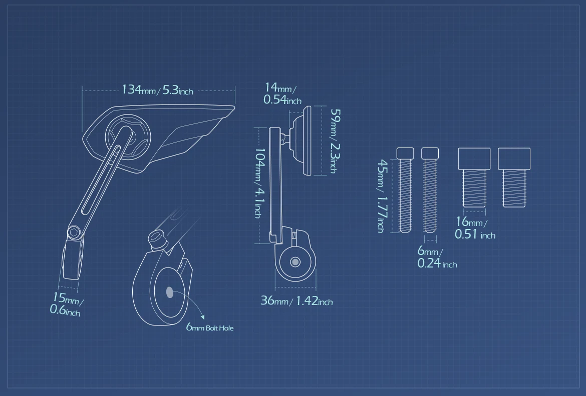 Measurement of KiWAV motorcycle bar end mirror Wisp a pair compatible with Yamaha M16 threaded handlebars