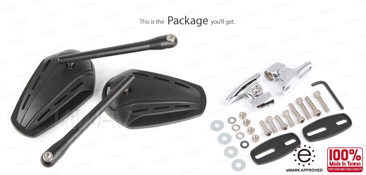 KiWAV motorcycle mirrors ZipperS3 black fairing mount w/ new ver. chrome adapter