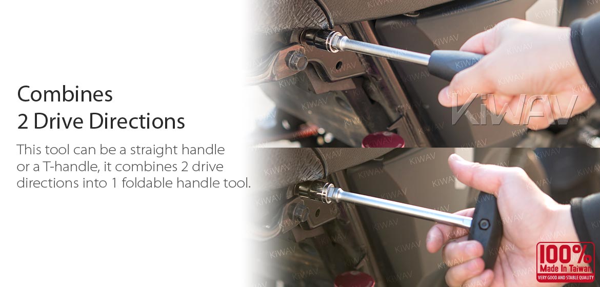 KiWAV 3/8inch square drive with magnetic 1/4inch hex bit holder screwdriver foldable straight T-handle grip tool