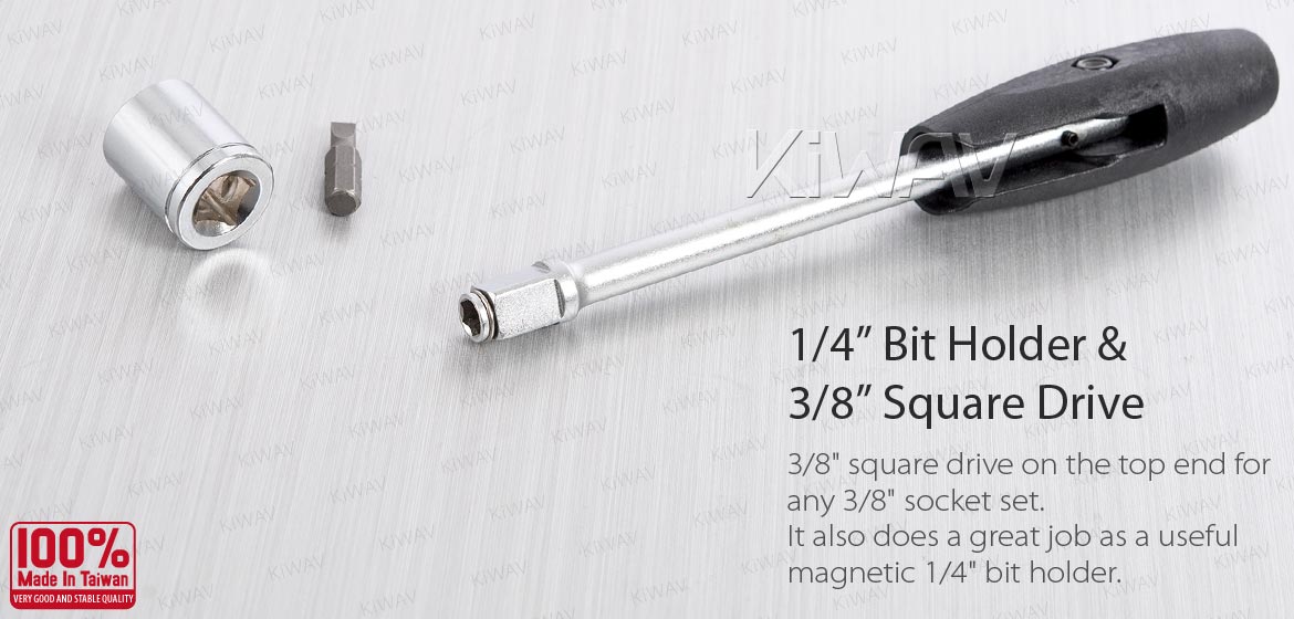 KiWAV 3/8inch square drive with magnetic 1/4inch hex bit holder screwdriver foldable straight T-handle grip tool