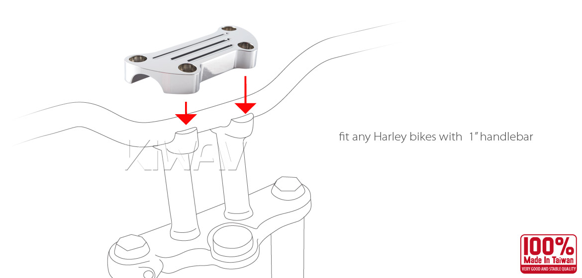 KiWAV Aluminum Finned Top Upper Custom Clamp for Harley Bike 1 inch Handlebar chrome