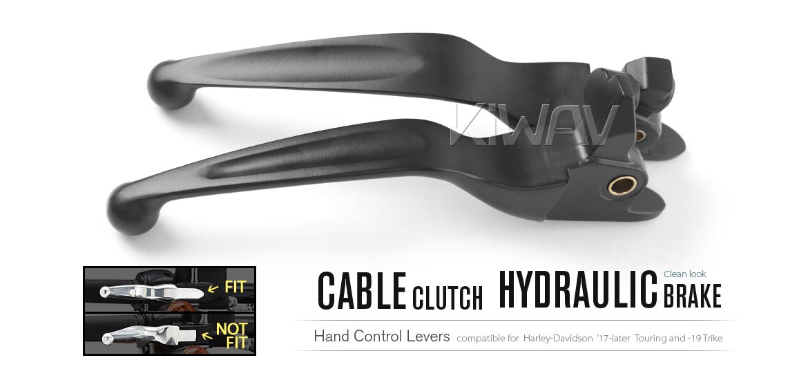 KiWAV hydraulic brake and cable clutch hand control levers clean look black harley davidson '17-later Touring and '19 Trike