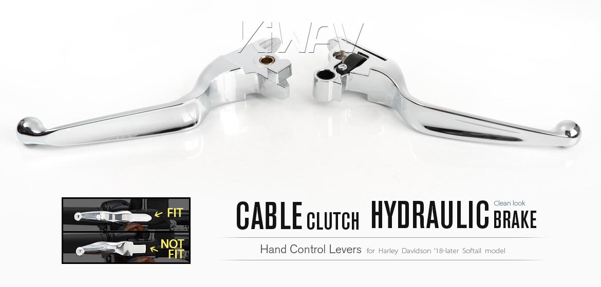 KiWAV hydraulic brake and cable clutch hand control levers clean look chrome harley davidson '18-later Softail models