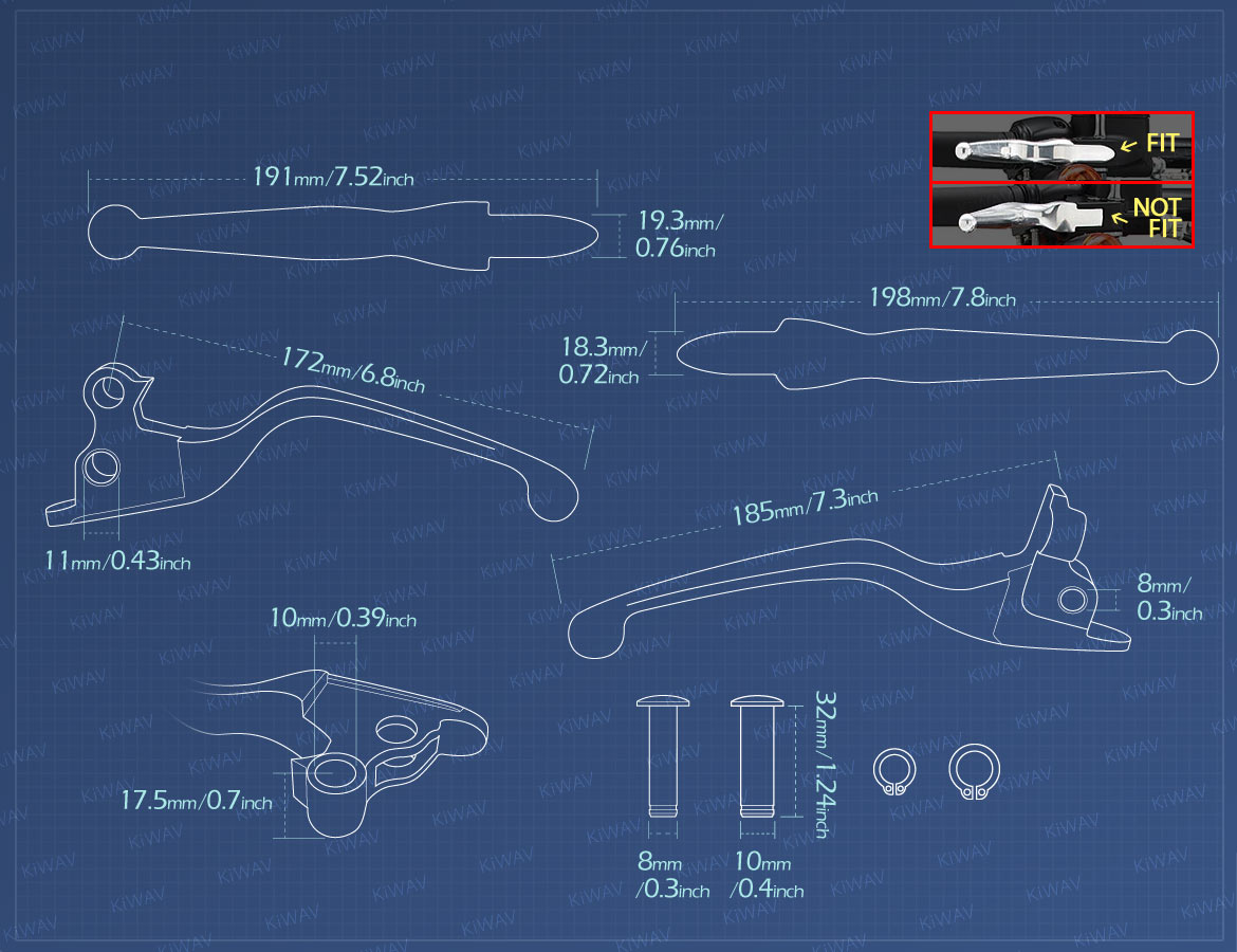 Measurement of KiWAV hydraulic brake and cable clutch hand control levers clean look black harley davidson '18-later Softail models