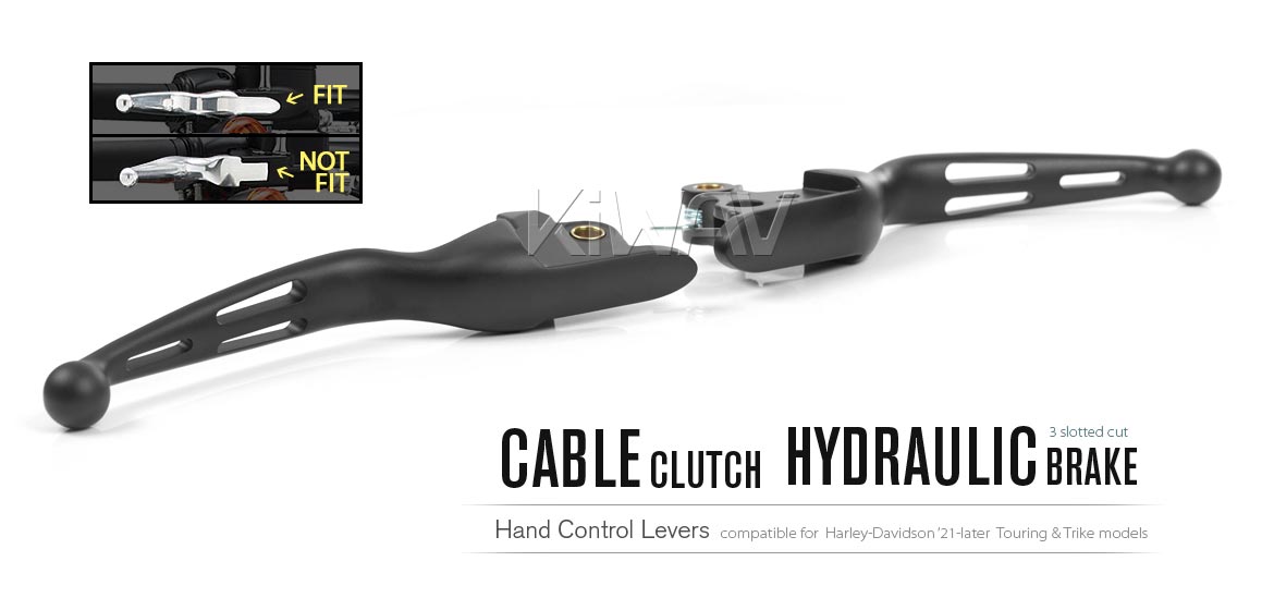 KiWAV hydraulic brake and cable clutch hand control levers 3 slotted cut black harley davidson 21-later Touring & Trike models