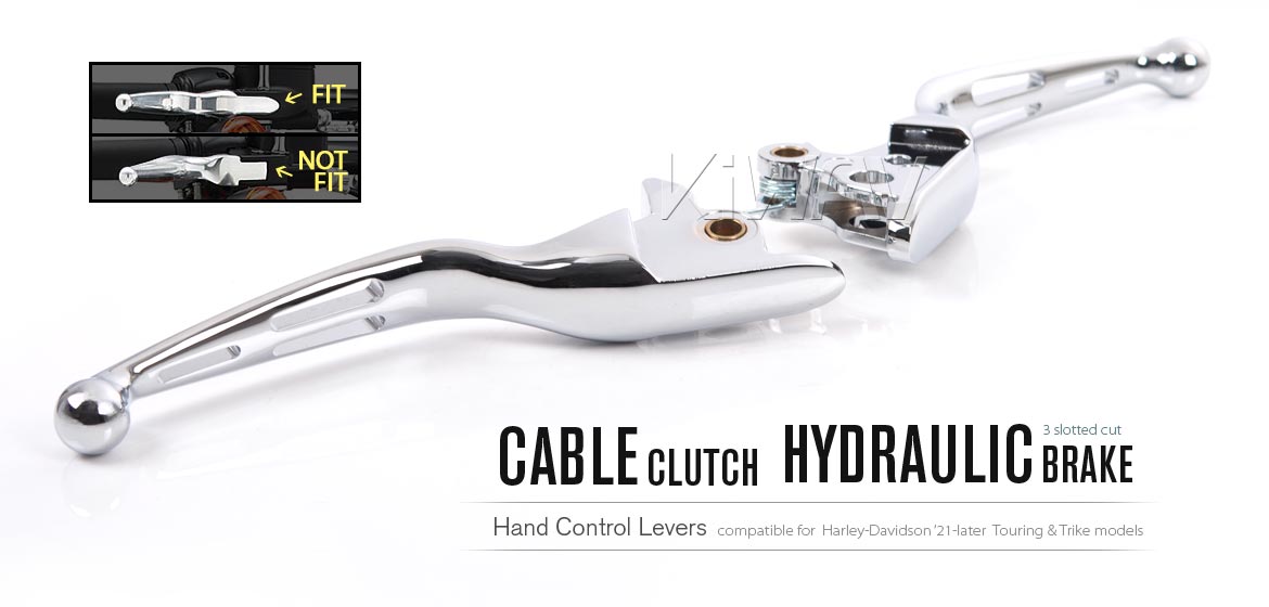 KiWAV hydraulic brake and cable clutch hand control levers 3 slotted cut chrome harley davidson 21-later Touring & Trike models