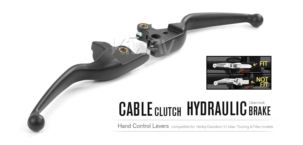 KiWAV hydraulic brake and cable clutch hand control levers clean look black harley davidson 21-later Touring & Trike models