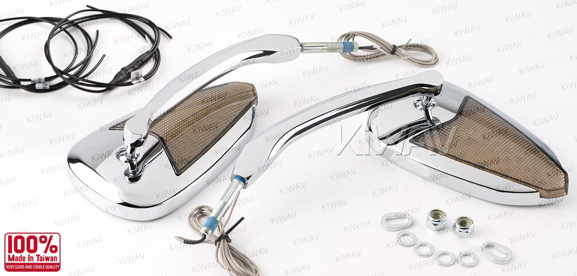 KiWAV Flash LED chrome motorcycle mirrors fit harley davidson