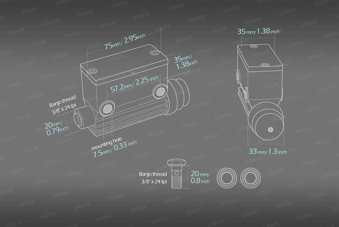 Measurement of VAWiK Harley rear brake Kelsey style master cylinder 5/8 inch with banjo bolt