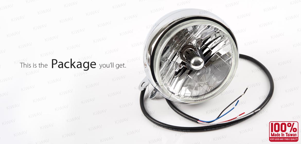 KiWAV 5-3/4 inch HB5 65/55W SAE motorcycle headlight chrome bottom mount