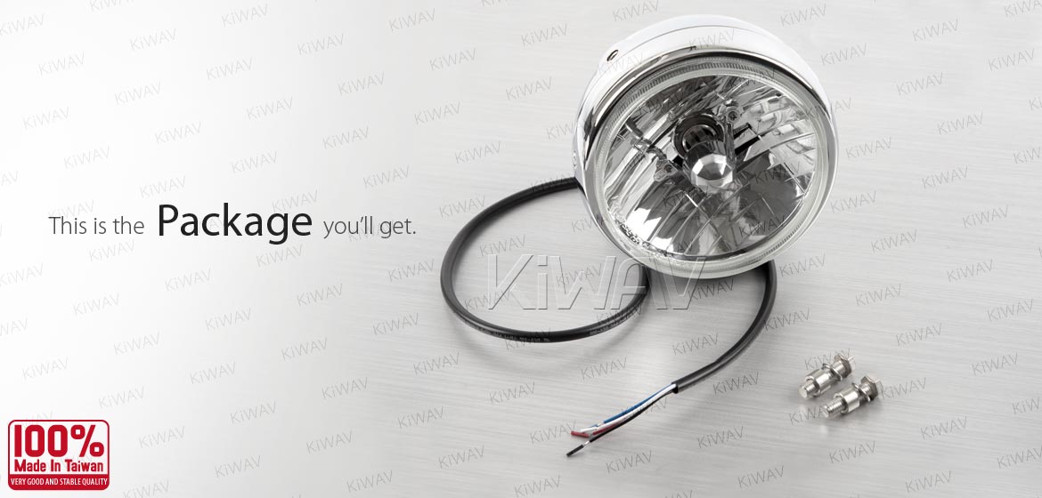 KiWAV 5-3/4 inch HB5 65/55W SAE motorcycle headlight chrome side mount