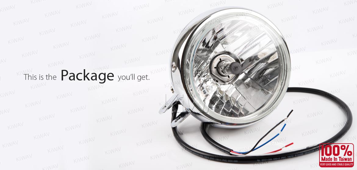 KiWAV 5-3/4 inch H4 60/55W ECE right hand drive motorcycle headlight chrome bottom mount