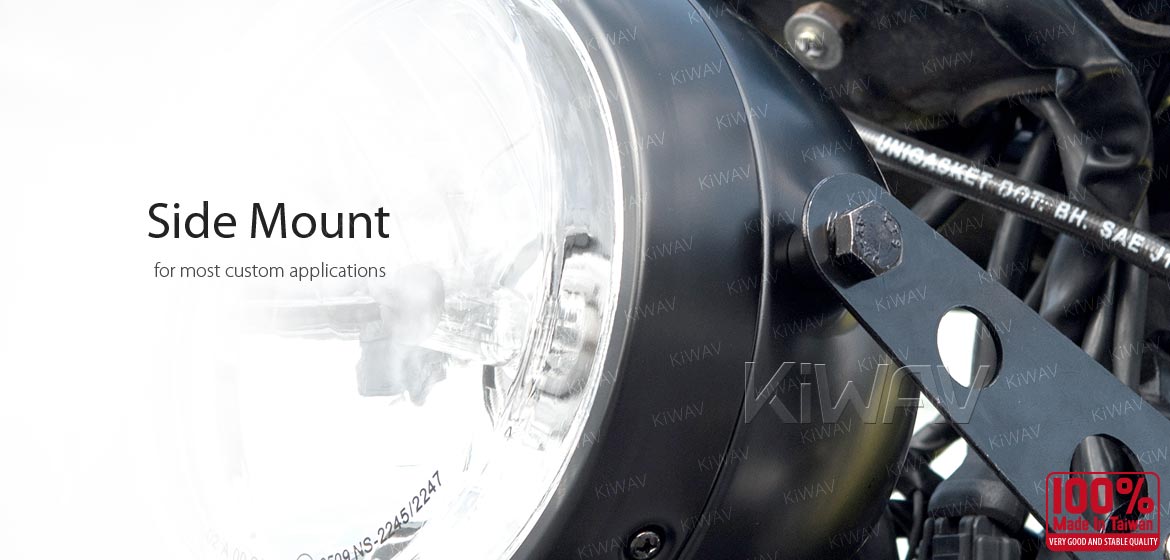 KiWAV 5-3/4 inch H4 60/55W ECE right hand drive motorcycle headlight black side mount