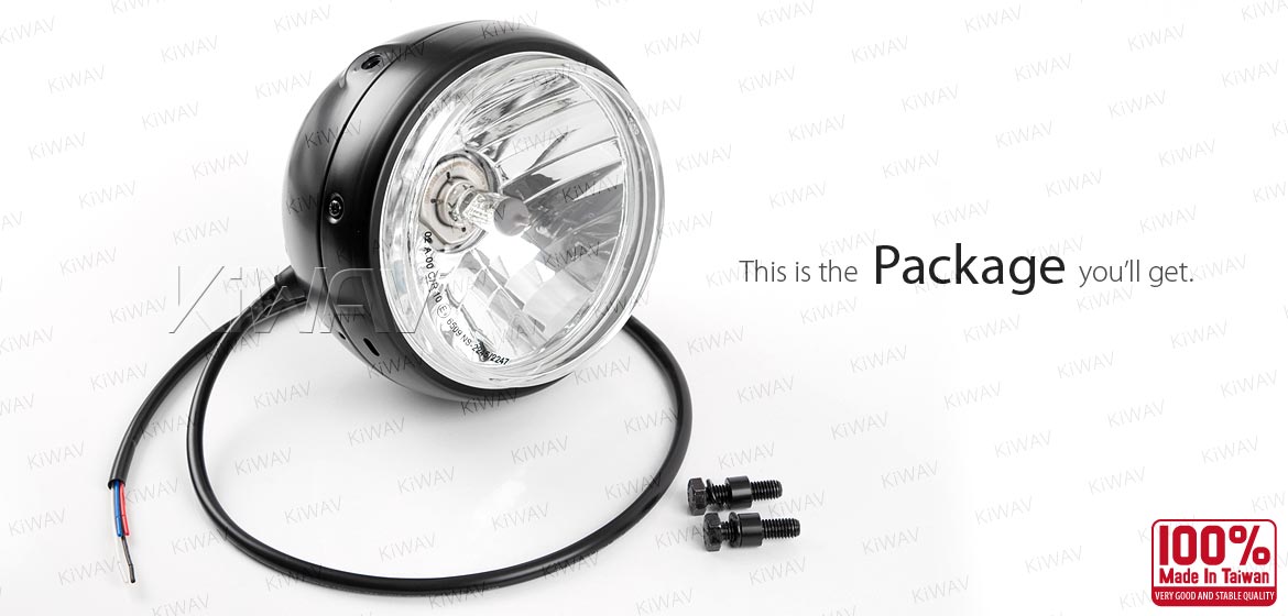 KiWAV 5-3/4 inch H4 60/55W ECE right hand drive motorcycle headlight black side mount