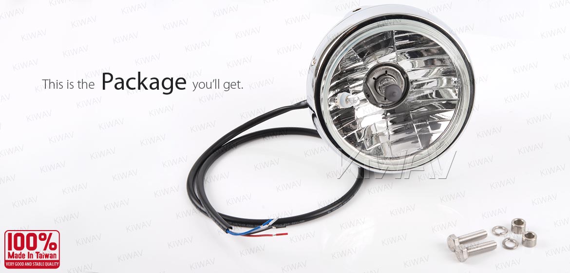 KiWAV 5-3/4 inch H4 60/55W ECE right hand drive motorcycle headlight chrome side mount