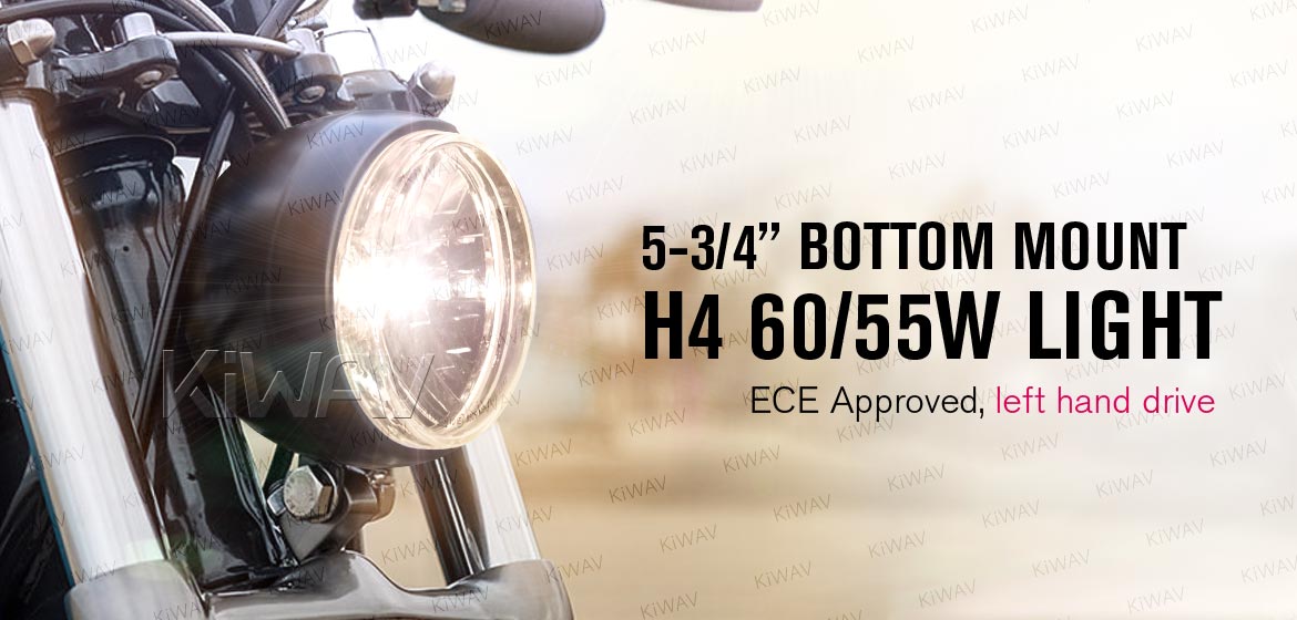 KiWAV 5-3/4 inch H4 60/55W ECE left hand drive motorcycle headlight black bottom mount