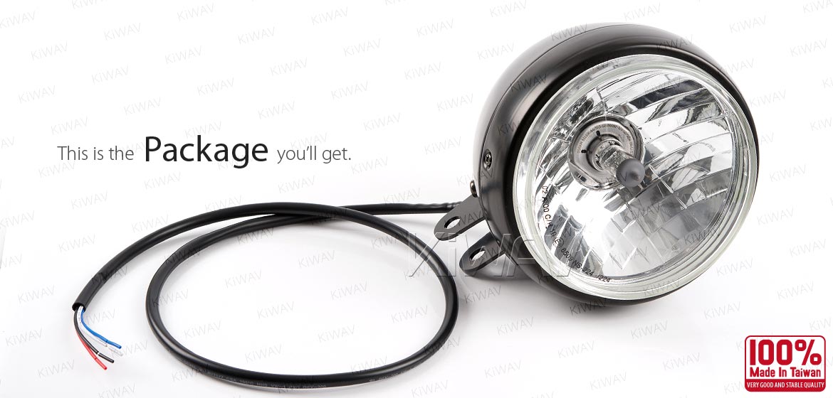 KiWAV 5-3/4 inch H4 60/55W ECE left hand drive motorcycle headlight black bottom mount