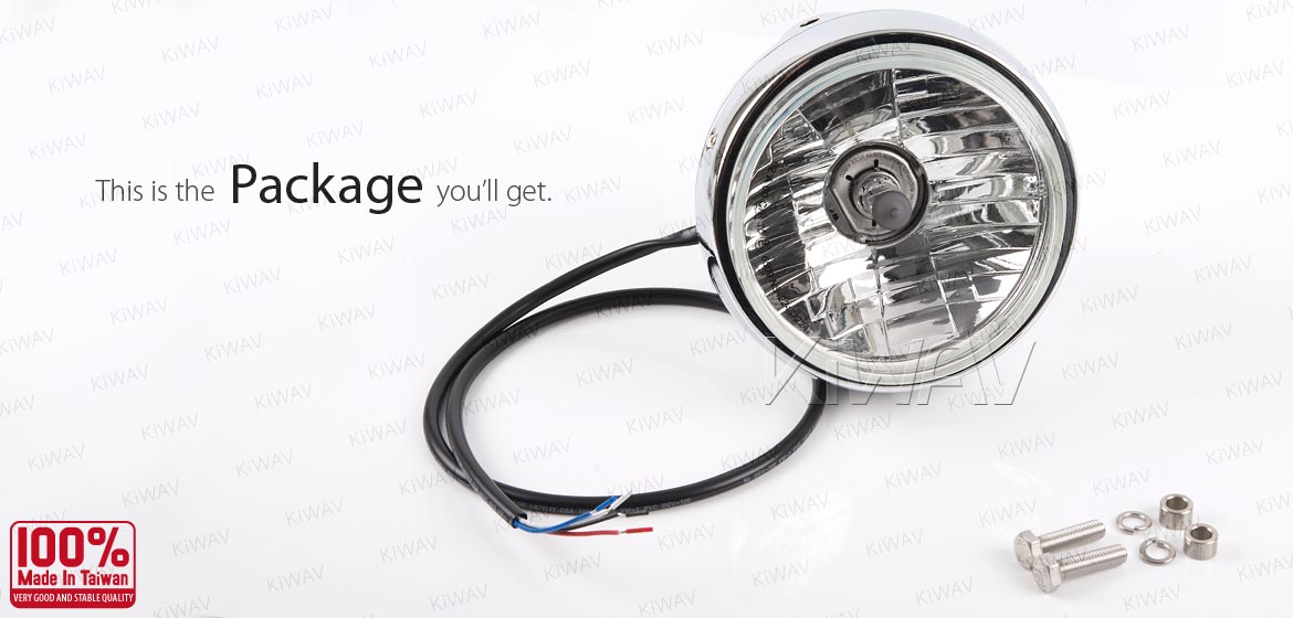 KiWAV 5-3/4 inch H4 60/55W ECE left hand drive motorcycle headlight chrome side mount