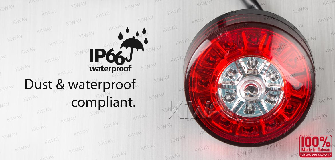KiWAV LED Round Tail Light/Brake Light with black mounting bracket & bolt caps