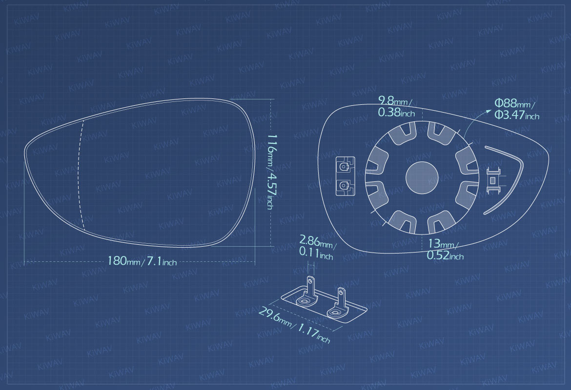 Measurement of KiWAV aftermarket OEM replacement heated side mirror glass LH