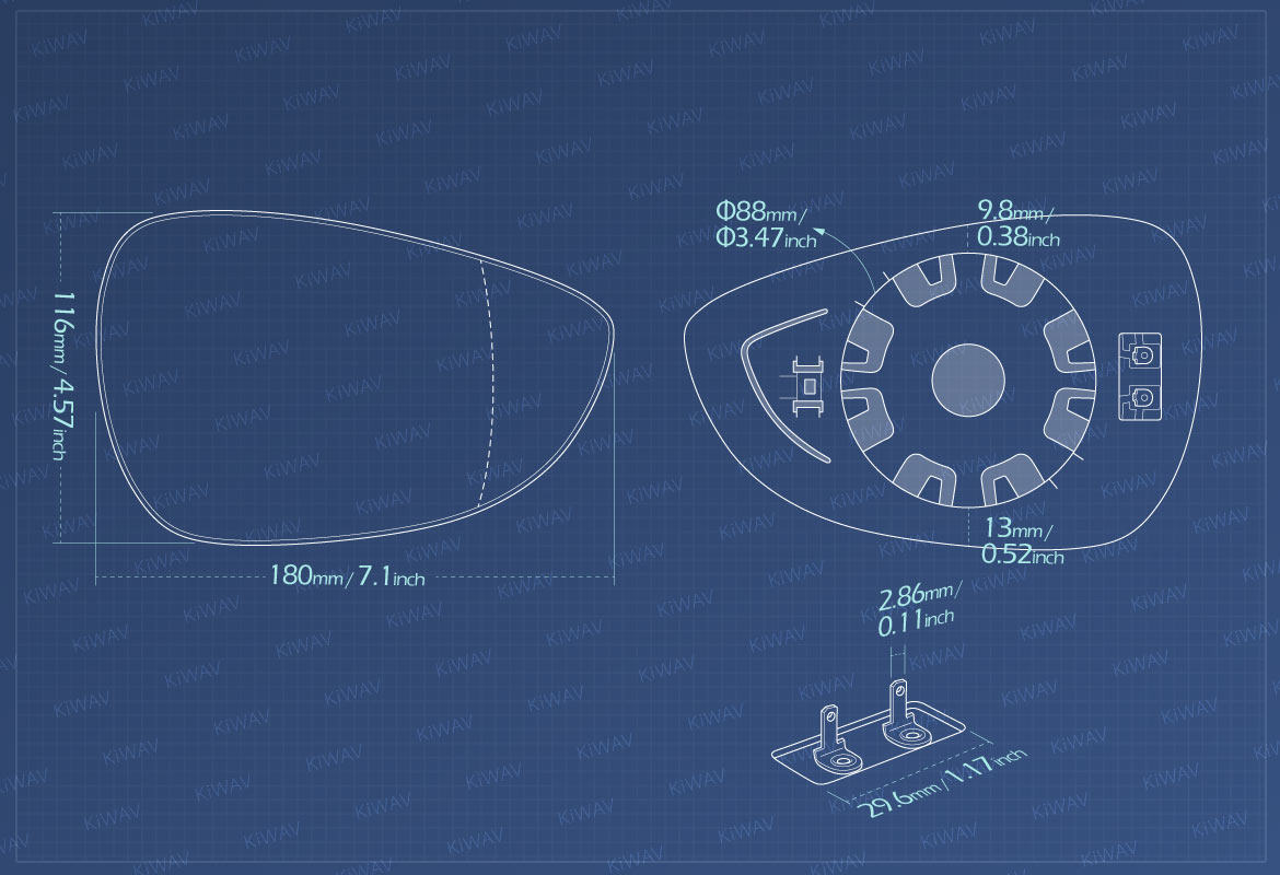 Measurement of KiWAV aftermarket OEM replacement heated side mirror glass RH