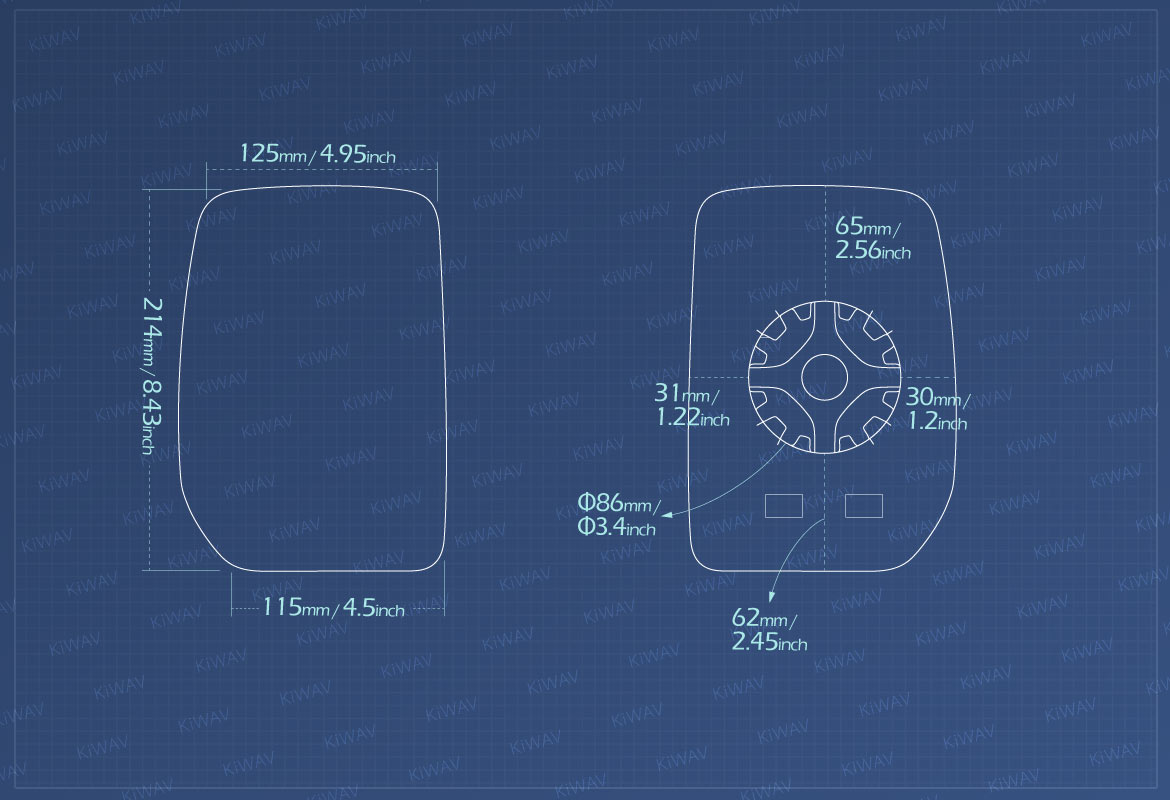 Measurement of KiWAV aftermarket OEM replacement side mirror glass upper part RH