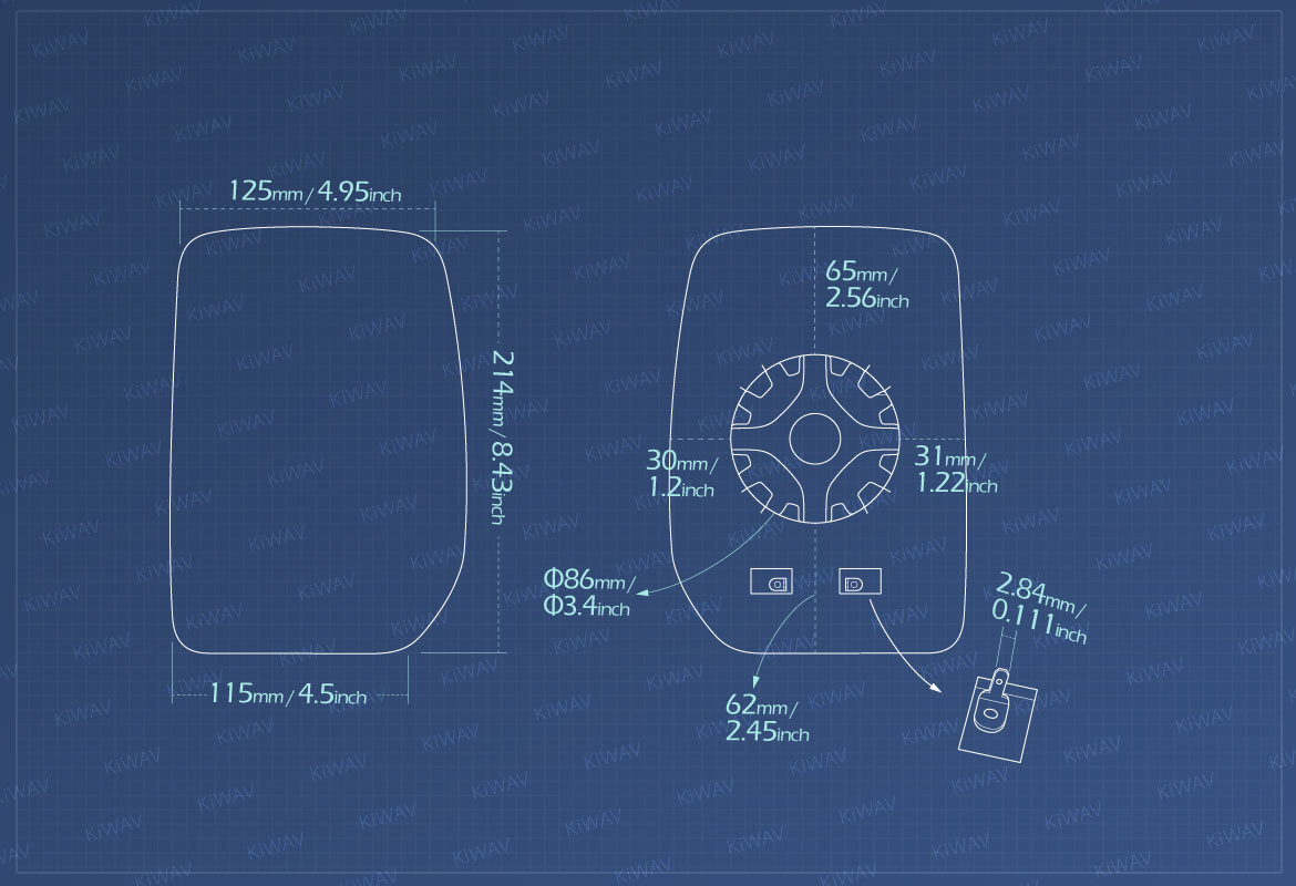 Measurement of KiWAV aftermarket OEM replacement heated side mirror glass upper part LH