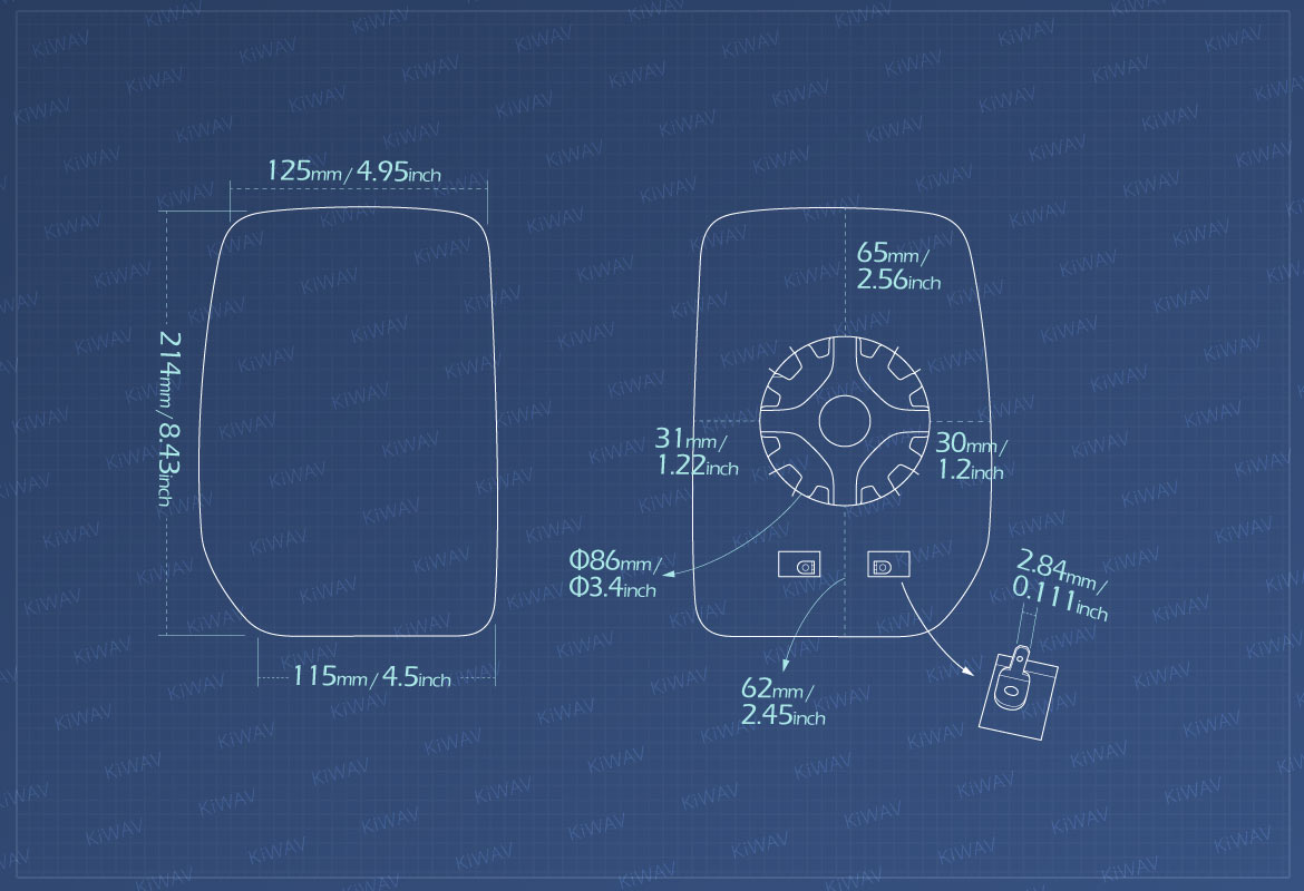 Measurement of KiWAV aftermarket OEM replacement heated side mirror glass upper part RH