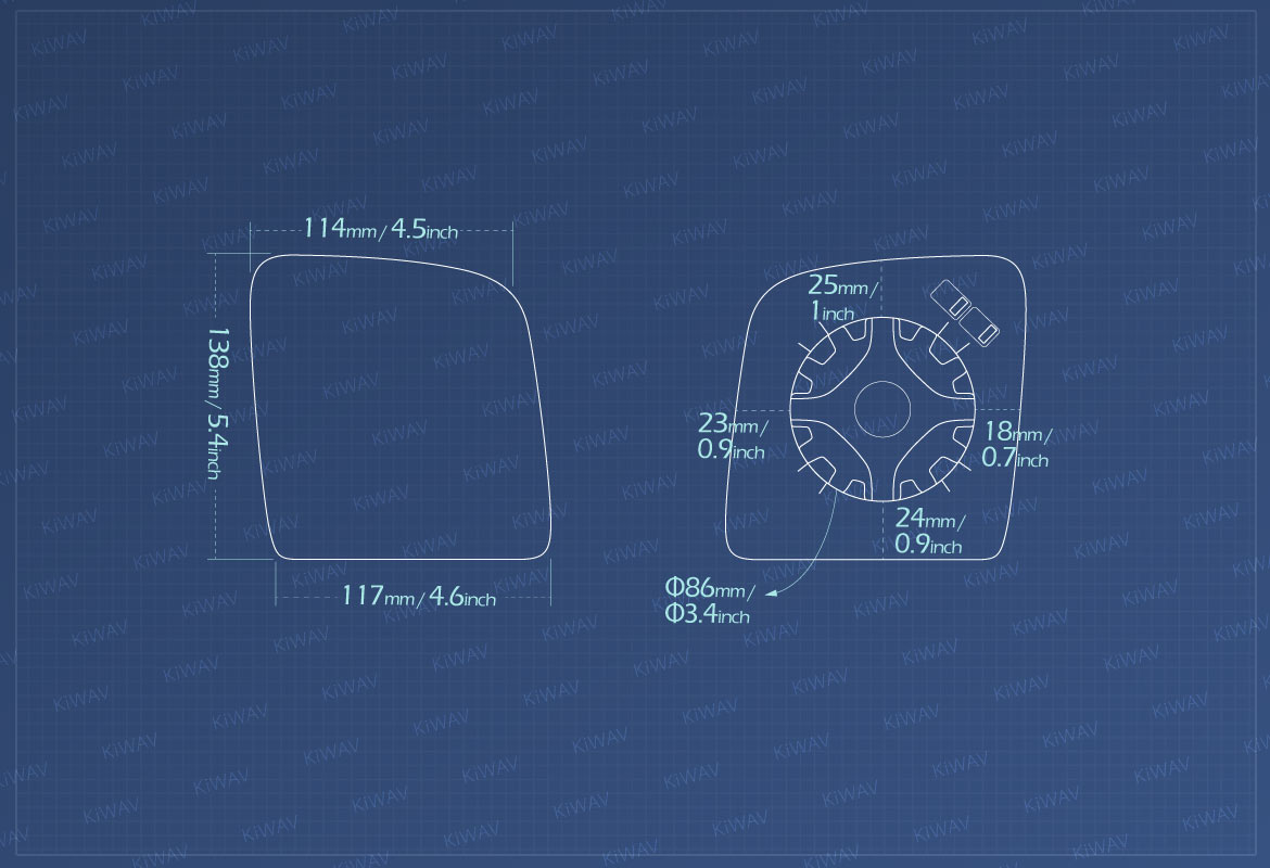Measurement of KiWAV aftermarket OEM replacement side mirror glass upper part RH