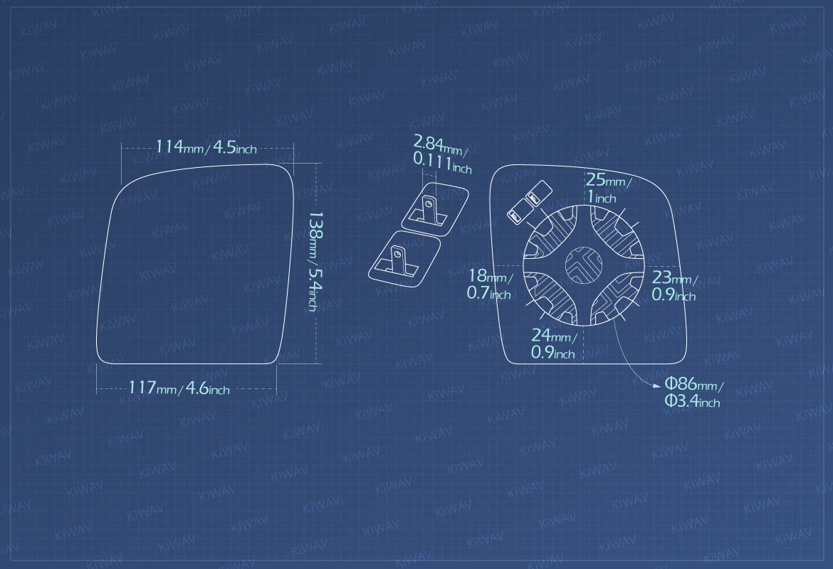 Measurement of KiWAV aftermarket OEM replacement side mirror glass upper part LH