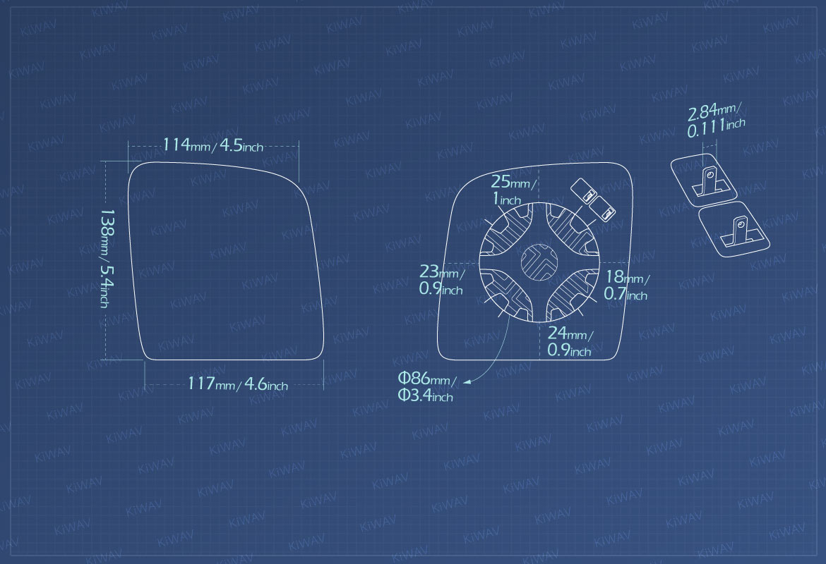 Measurement of KiWAV aftermarket OEM replacement side mirror glass upper part RH
