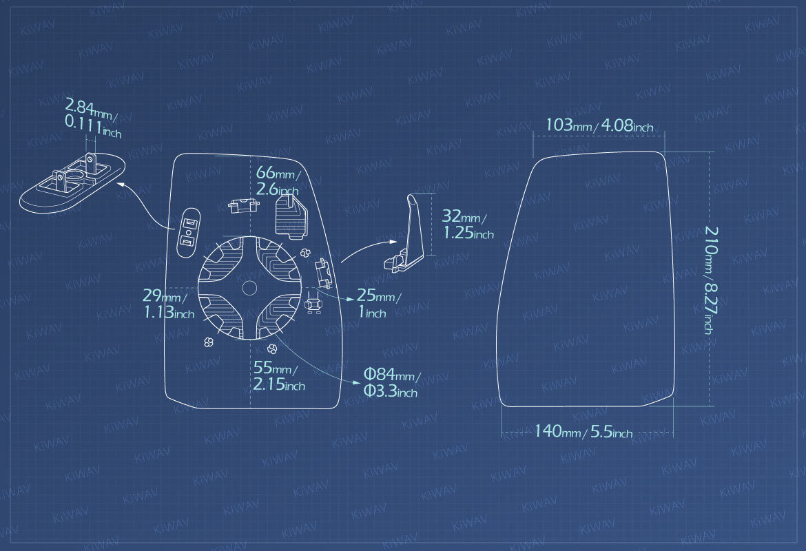 Measurement of KiWAV aftermarket OEM replacement side mirror glass upper part LH