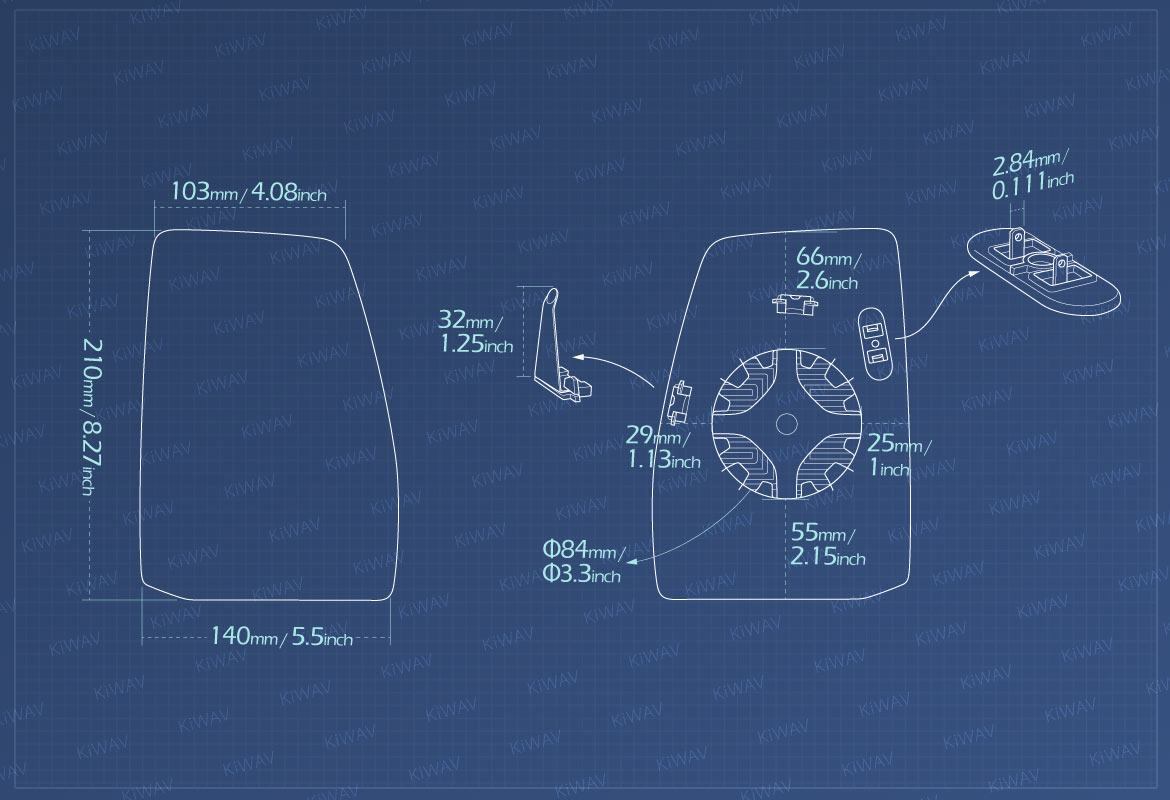 Measurement of KiWAV aftermarket OEM replacement side mirror glass upper part RH